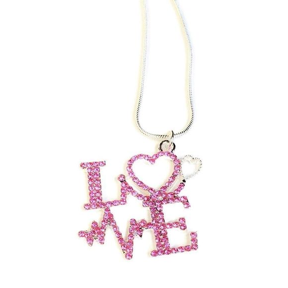 Pink Crystal LOVE Pendant on 925 Silver Chain - Picture 1 of 3
